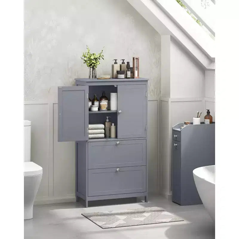 Bathroom Floor Storage Cabinet with 2 Drawers and 2 Doors, Freestanding, White MDF