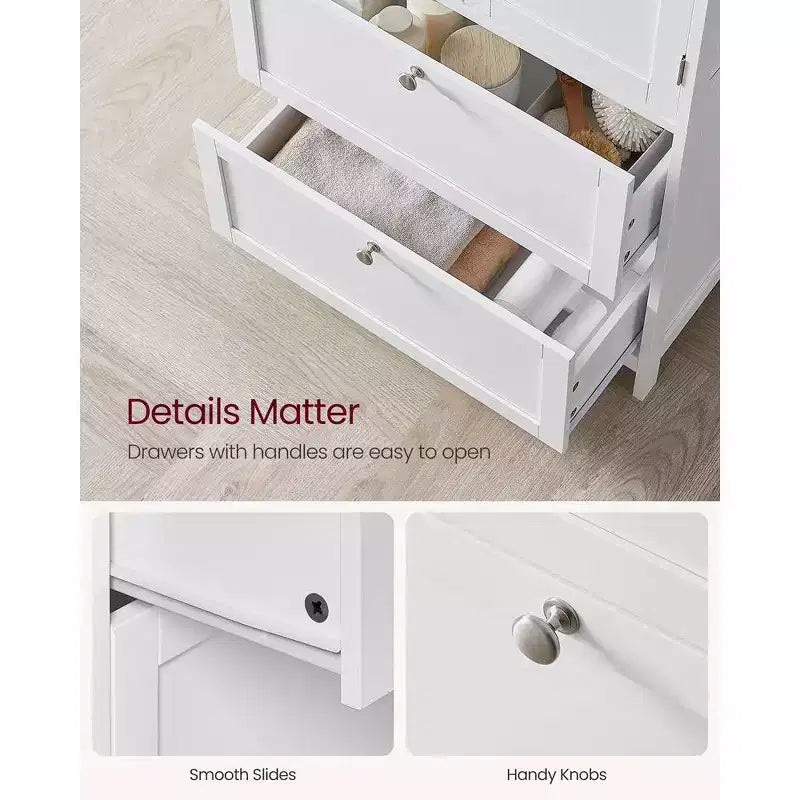 Bathroom Floor Storage Cabinet with 2 Drawers and 2 Doors, Freestanding, White MDF
